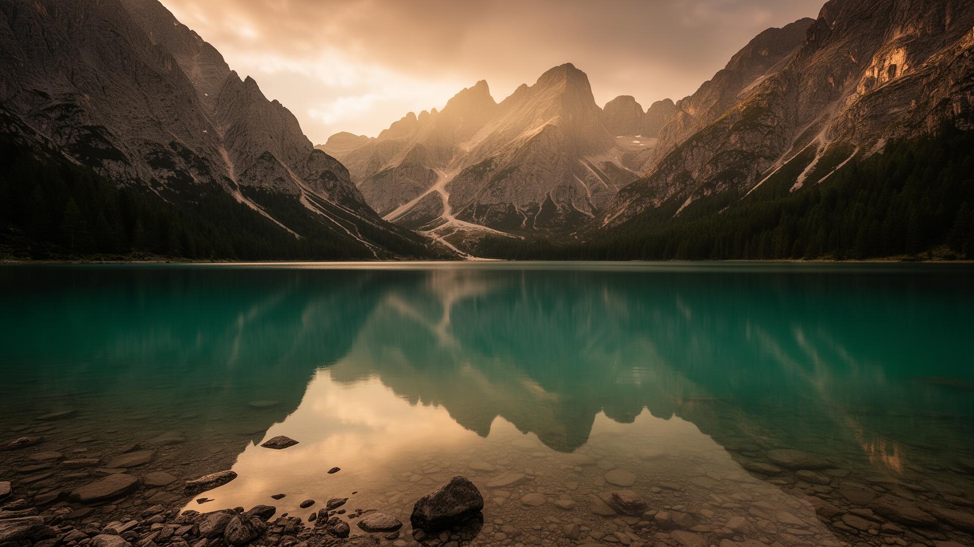 Lago di Landro con le Dolomiti al tramonto